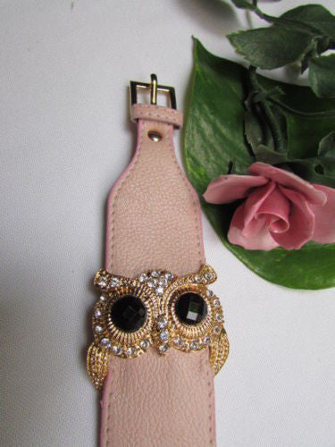 Aqua Blue / Pink / Light Pink / Black Faux Leather Strap Nude Bracelet Gold Metal Owl Head Black Rhinestone Fashion New Women Jewelry Accessories - alwaystyle4you - 15