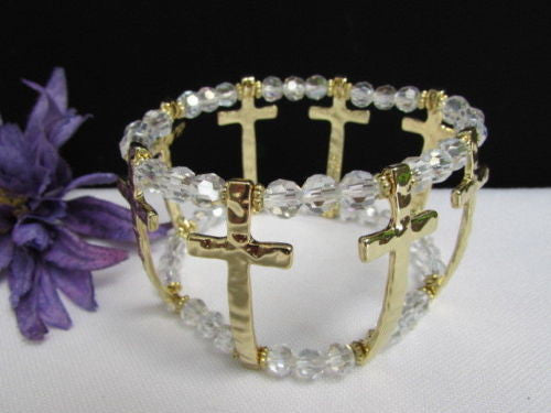 Gold Crosses Elastic Metal Cuff Bracelet Clear Beaded Trendy New Women Fashion Jewelry Accessories - alwaystyle4you - 3