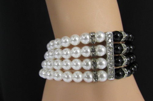 Black Cream / Pewter Black Imitation Pearl Beads Elastic Bracelet Women Fashion Jewelry Accessories - alwaystyle4you - 1