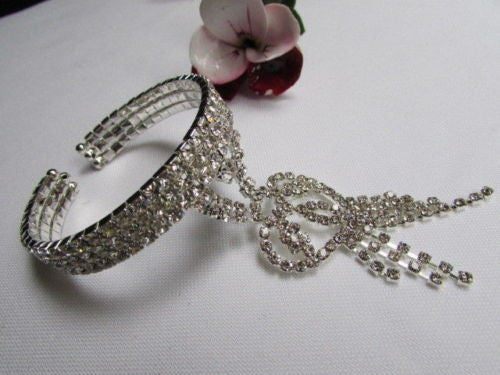Silver Metal Cuff Dressy Bracelet Big Heart Fringes Multi Rhinestones New Women Fashion Jewelry Accessories - alwaystyle4you - 12