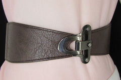 Red / Black / Gray / Dark Brown  Faux Leather Elastic Waist Hip Belt Silver Metal Hook Buckle New Women Fashion Accessories S M - alwaystyle4you - 36