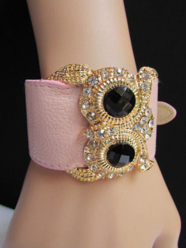 Aqua Blue / Pink / Light Pink / Black Faux Leather Strap Nude Bracelet Gold Metal Owl Head Black Rhinestone Fashion New Women Jewelry Accessories - alwaystyle4you - 16