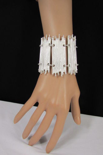 Gold Silver Metal Wide Elastic Stretch Bracelet Bamboo Plates New Women Fashion Jewelry Accessories - alwaystyle4you - 17