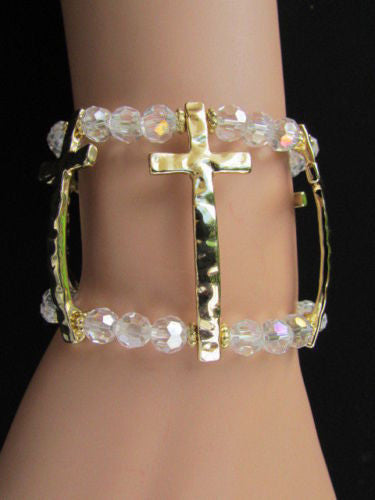 Gold Crosses Elastic Metal Cuff Bracelet Clear Beaded Trendy New Women Fashion Jewelry Accessories