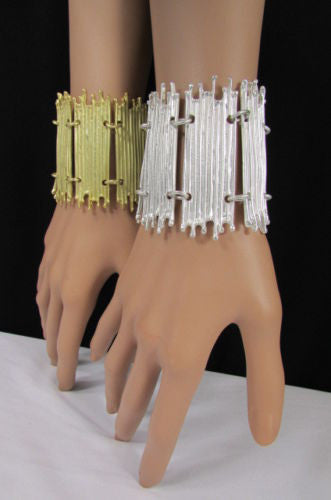 Gold Silver Metal Wide Elastic Stretch Bracelet Bamboo Plates New Women Fashion Jewelry Accessories - alwaystyle4you - 2