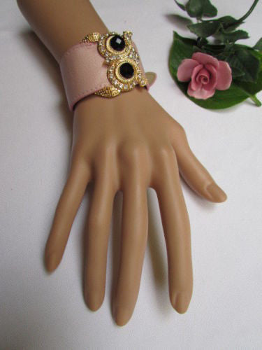 Aqua Blue / Pink / Light Pink / Black Faux Leather Strap Nude Bracelet Gold Metal Owl Head Black Rhinestone Fashion New Women Jewelry Accessories - alwaystyle4you - 7