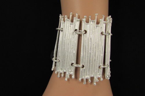 Gold Silver Metal Wide Elastic Stretch Bracelet Bamboo Plates New Women Fashion Jewelry Accessories