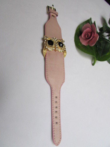 Aqua Blue / Pink / Light Pink / Black Faux Leather Strap Nude Bracelet Gold Metal Owl Head Black Rhinestone Fashion New Women Jewelry Accessories - alwaystyle4you - 8