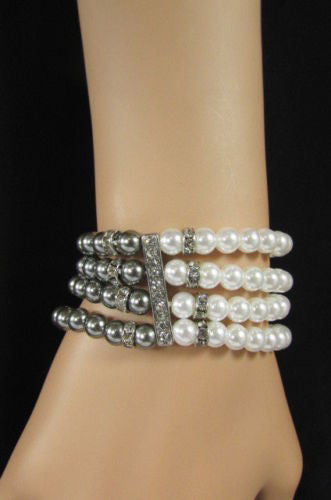 Black Cream / Pewter Black Imitation Pearl Beads Elastic Bracelet New Women Fashion Jewelry Accessories - alwaystyle4you - 29