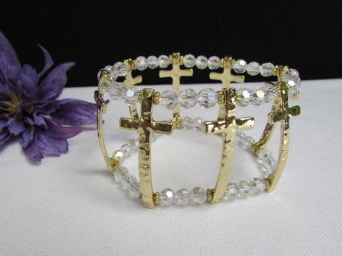 Gold Crosses Elastic Metal Cuff Bracelet Clear Beaded Trendy New Women Fashion Jewelry Accessories - alwaystyle4you - 6