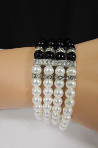 Black Cream / Pewter Black Imitation Pearl Beads Elastic Bracelet New Women Fashion Jewelry Accessories - alwaystyle4you - 8