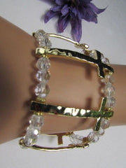 Gold Crosses Elastic Metal Cuff Bracelet Clear Beaded Trendy New Women Fashion Jewelry Accessories - alwaystyle4you - 4