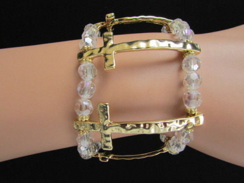 Gold Crosses Elastic Metal Cuff Bracelet Clear Beaded Trendy New Women Fashion Jewelry Accessories - alwaystyle4you - 7