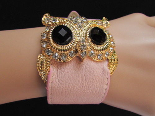 Aqua Blue / Pink / Light Pink / Black Faux Leather Strap Nude Bracelet Gold Metal Owl Head Black Rhinestone Fashion Women Jewelry Accessories - alwaystyle4you - 3