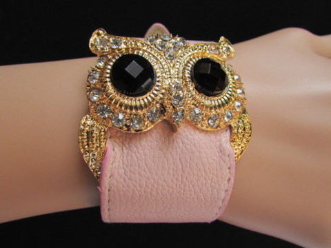 Aqua Blue / Pink / Light Pink / Black Faux Leather Strap Nude Bracelet Gold Metal Owl Head Black Rhinestone Fashion New Women Jewelry Accessories - alwaystyle4you - 3