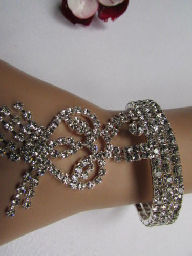 Silver Metal Cuff Dressy Bracelet Big Heart Fringes Multi Rhinestones New Women Fashion Jewelry Accessories - alwaystyle4you - 5