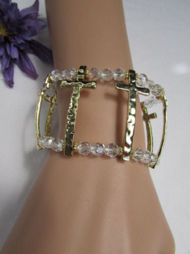 Gold Crosses Elastic Metal Cuff Bracelet Clear Beaded Trendy New Women Fashion Jewelry Accessories - alwaystyle4you - 8