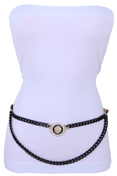 Sexy Look Women Fashion Belt Hip Waist Black Gold Metal Chain Bling Lion Charm Size M L XL