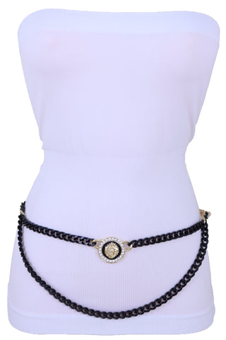 Sexy Look Women Fashion Belt Hip Waist Black Gold Metal Chain Bling Lion Charm Size M L XL