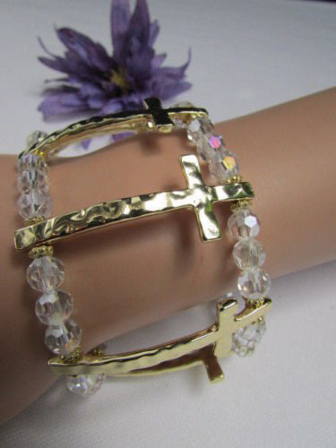 Gold Crosses Elastic Metal Cuff Bracelet Clear Beaded Trendy New Women Fashion Jewelry Accessories - alwaystyle4you - 9