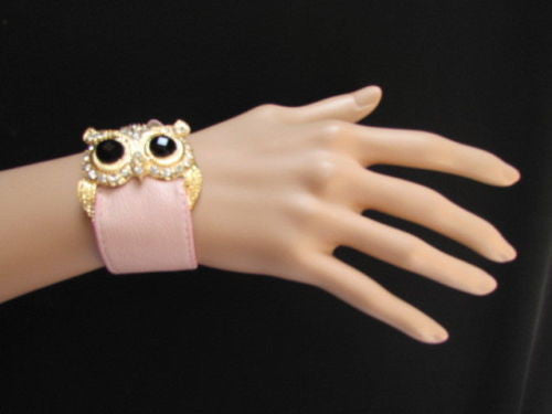 Aqua Blue / Pink / Light Pink / Black Faux Leather Strap Nude Bracelet Gold Metal Owl Head Black Rhinestone Fashion New Women Jewelry Accessories - alwaystyle4you - 10
