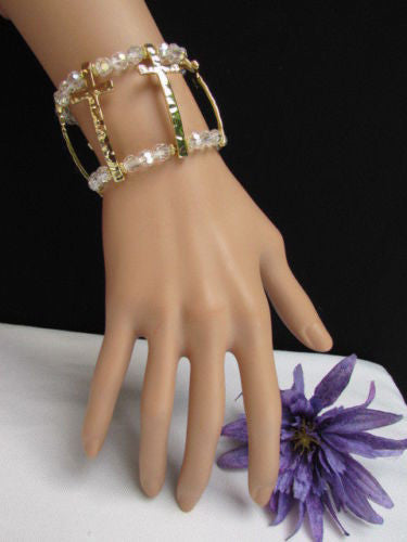Gold Crosses Elastic Metal Cuff Bracelet Clear Beaded Trendy New Women Fashion Jewelry Accessories - alwaystyle4you - 10