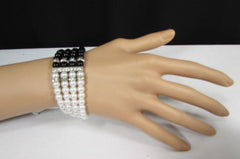 Black Cream / Pewter Black Imitation Pearl Beads Elastic Bracelet New Women Fashion Jewelry Accessories - alwaystyle4you - 3
