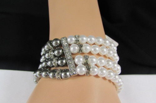 Black Cream / Pewter Black Imitation Pearl Beads Elastic Bracelet New Women Fashion Jewelry Accessories - alwaystyle4you - 2