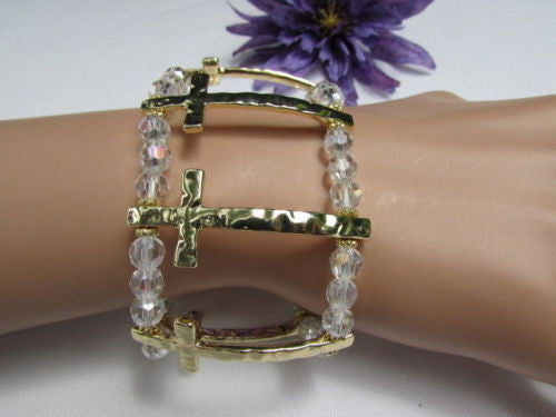 Gold Crosses Elastic Metal Cuff Bracelet Clear Beaded Trendy New Women Fashion Jewelry Accessories - alwaystyle4you - 11