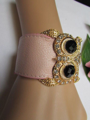 Aqua Blue / Pink / Light Pink / Black Faux Leather Strap Nude Bracelet Gold Metal Owl Head Black Rhinestone Fashion New Women Jewelry Accessories - alwaystyle4you - 12