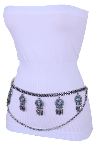 Women Antique Silver Metal Chain Western Belt Feather Turquoise Charms Fits Sizes XS S M