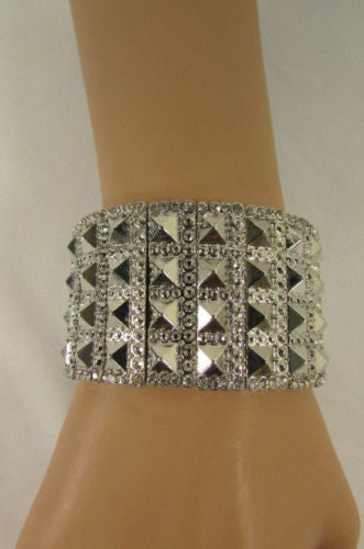 Silver Metal Elastic Bracelet Pyramid Punk Rocker Fashion New Women Jewelry Accessories - alwaystyle4you - 2