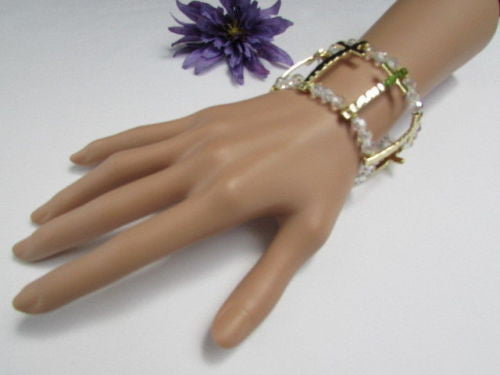 Gold Crosses Elastic Metal Cuff Bracelet Clear Beaded Trendy New Women Fashion Jewelry Accessories - alwaystyle4you - 12