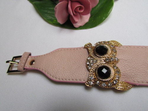 Aqua Blue / Pink / Light Pink / Black Faux Leather Strap Nude Bracelet Gold Metal Owl Head Black Rhinestone Fashion New Women Jewelry Accessories - alwaystyle4you - 13