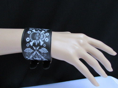 Black Faux Leather White Skull Bracelet Motorcycle Punk Rock Style  New Women Fashion Jewelry Accessories - alwaystyle4you - 3