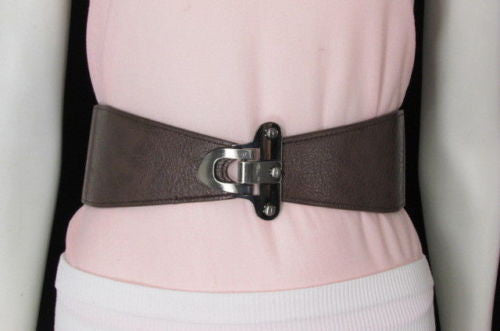 Red / Black / Gray / Dark Brown  Faux Leather Elastic Waist Hip Belt Silver Metal Hook Buckle New Women Fashion Accessories S M - alwaystyle4you - 45