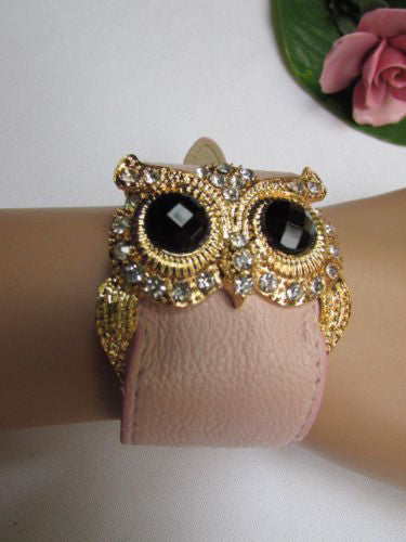 Aqua Blue / Pink / Light Pink / Black Faux Leather Strap Nude Bracelet Gold Metal Owl Head Black Rhinestone Fashion New Women Jewelry Accessories - alwaystyle4you - 14