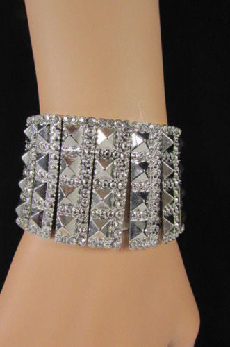 Silver Metal Elastic Bracelet Pyramid Punk Rocker Fashion New Women Jewelry Accessories - alwaystyle4you - 3