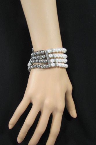 Black Cream / Pewter Black Imitation Pearl Beads Elastic Bracelet New Women Fashion Jewelry Accessories - alwaystyle4you - 34