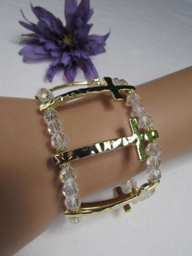 Gold Crosses Elastic Metal Cuff Bracelet Clear Beaded Trendy New Women Fashion Jewelry Accessories - alwaystyle4you - 1