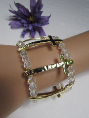 Gold Crosses Elastic Metal Cuff Bracelet Clear Beaded Trendy Women Fashion Jewelry Accessories - alwaystyle4you - 1