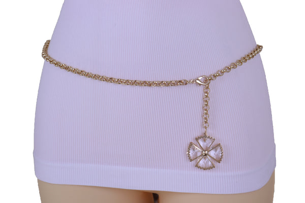 Women Fashion Belt Gold Metal Chain Links Waistband Flower Bling Charm Fits Sizes M L XL