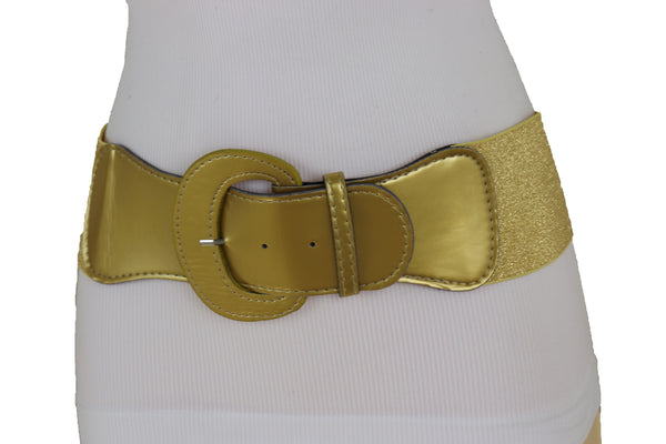 Brand New Women Gold Color Wide Elastic Band Fashion Belt Hip Waist Bling Studs Buckle M L