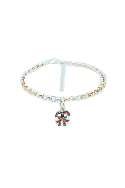 New Women Gold Metal Boot Chain Bracelet Christmas Shoe Candy Cane Charm Jewelry Adjustable Size Band