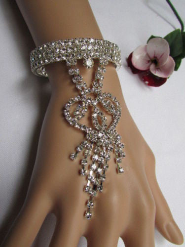 Silver Metal Cuff Dressy Bracelet Big Heart Fringes Multi Rhinestones New Women Fashion Jewelry Accessories - alwaystyle4you - 1
