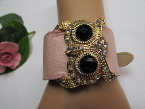 Aqua Blue / Pink / Light Pink / Black Faux Leather Strap Nude Bracelet Gold Metal Owl Head Black Rhinestone Fashion New Women Jewelry Accessories - alwaystyle4you - 6