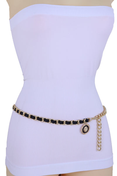 Women Fashion Gold Metal Chain Links Black Sexy Belt Lion Medallion Charm Fit Sizes XS S M