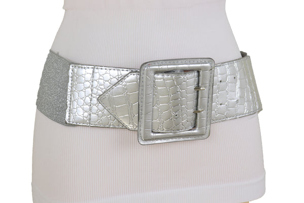 Brand New Women Hip Waist Silver Faux Leather Wide Elastic Belt Big Square Buckle M L XL