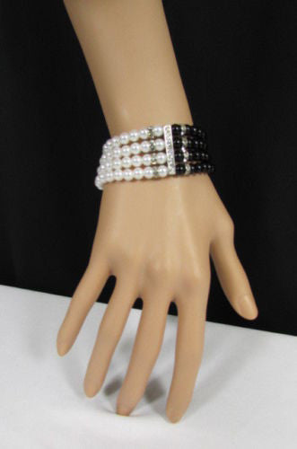 Black Cream / Pewter Black Imitation Pearl Beads Elastic Bracelet New Women Fashion Jewelry Accessories - alwaystyle4you - 5