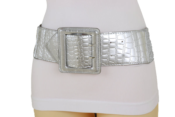 Brand New Women Hip Waist Silver Faux Leather Wide Elastic Belt Big Square Buckle M L XL